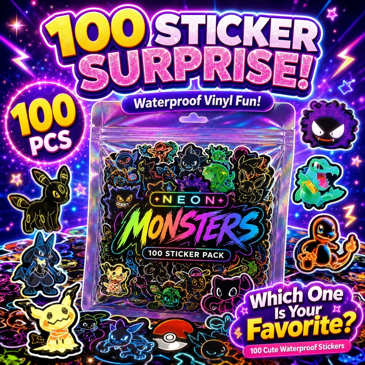 Handbags - 100pcs Neon Pokémon Stickers Waterproof DIY